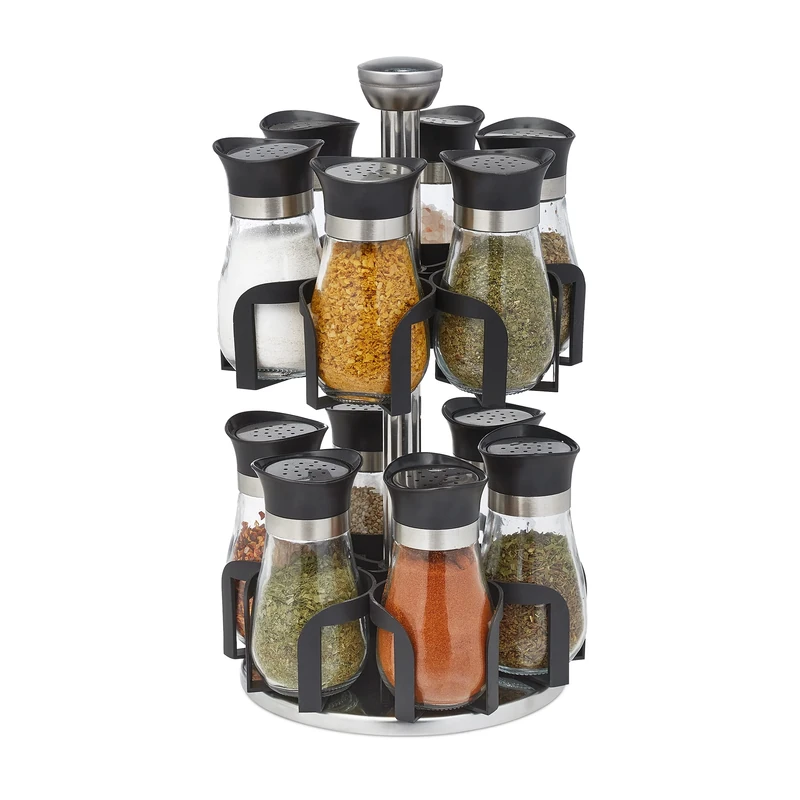 Relaxdays spice rack, 12 glass jars, stainless steel, rotating, dishwasher-proof, seasoning organiser, silver/black