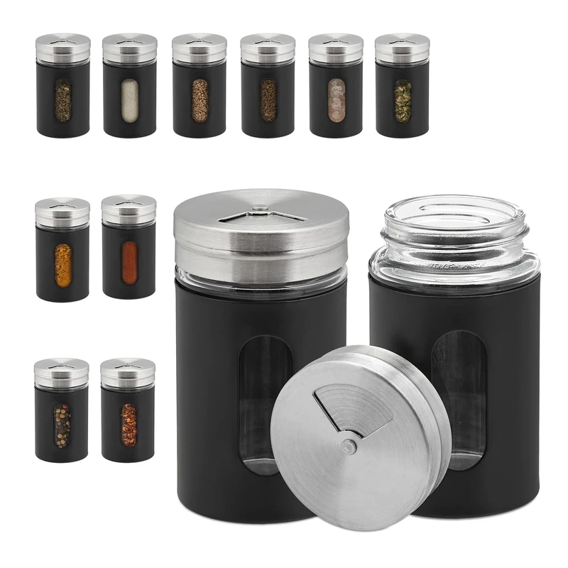 Relaxdays, set of 12, 3 shaker functions, herbs & spices, glass jars, stainless steel, black/silver, 8.5 x 5 x 5 cm