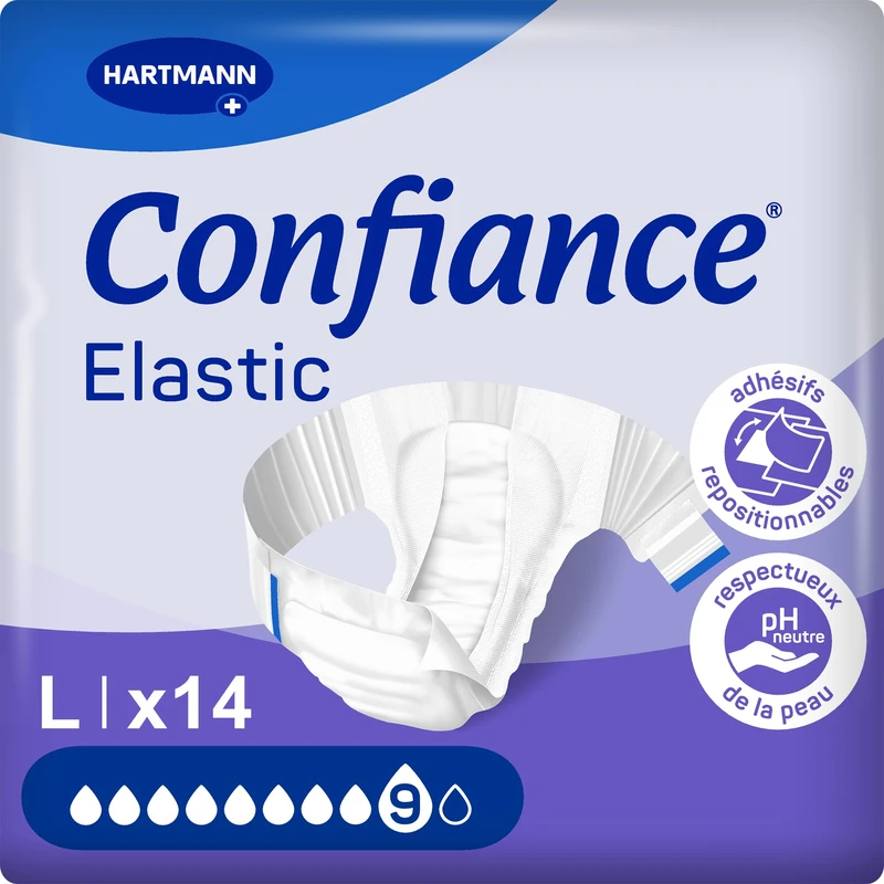 Confiance Elastic Complete Changes for Men and Women – Absorption Level = 9 Drops (Large Urinary Leakage) – pH Neutral to The Skin – Soft Material – Size L – 14 Units
