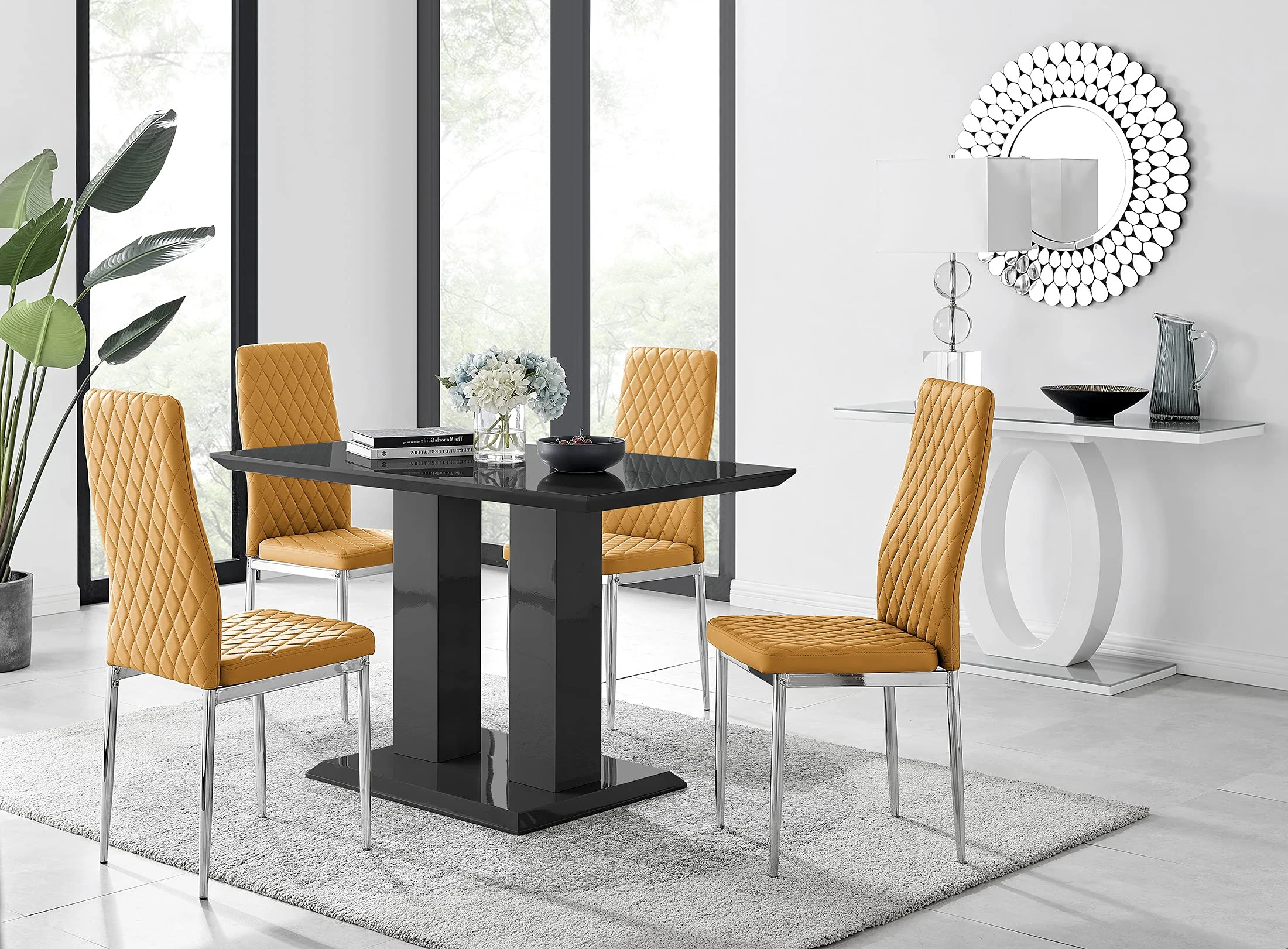 Furniturebox UK Imperia Modern Black High Gloss Dining Table And 4 Modern Milan Dining Chairs Set (Table & 4 Mustard Milan Chairs)