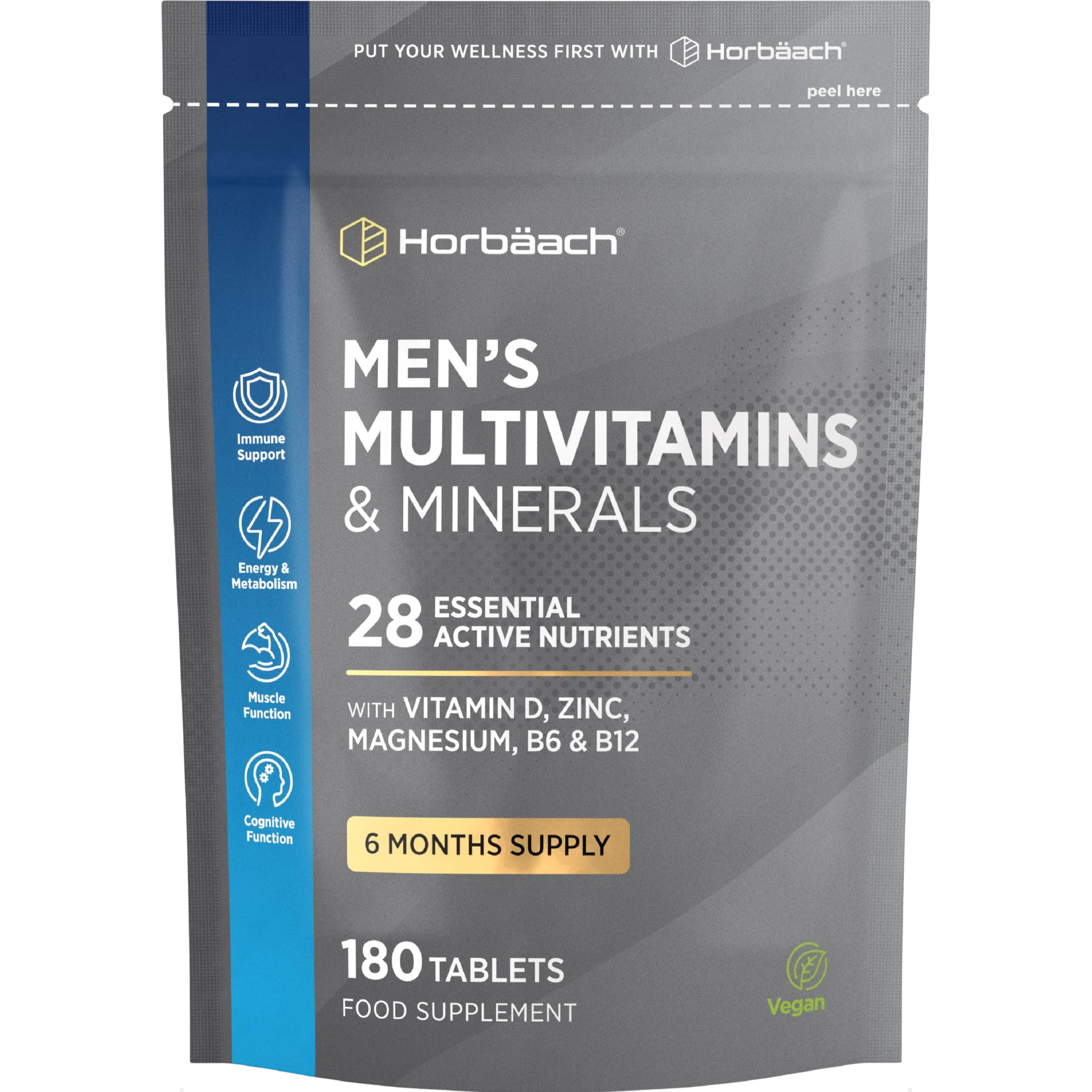 Multivitamin Tablets for Men | 180 Count | 28 Essential Nutrients | with Zinc, Magnesium, Vitamin D3, B12 and More! | Vegan Supplement | by Horbaach