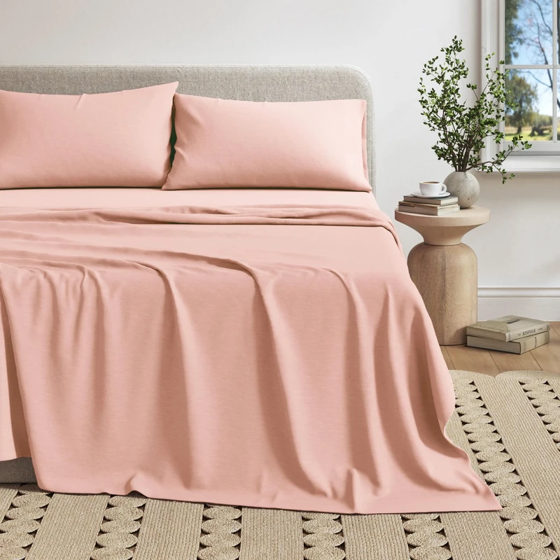 Great Bay Home 4 Piece Jersey Knit King Cotton Blend Pink Sheet Set | Ultra-Soft T-Shirt Jersey Bedding Sheets & Pillowcases | Heathered, Breathable, All Season Bed Sheets (King, Blush Pink)