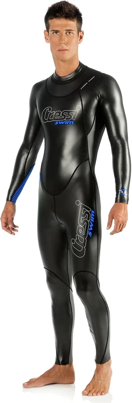 Cressi Triton Man All In One Swim Wetsuit 1.5mm - 1.5mm Neoprene High Density Glide Skin One-Piece Swim Wetsuit, Black/Fluo Blue, M, Men's