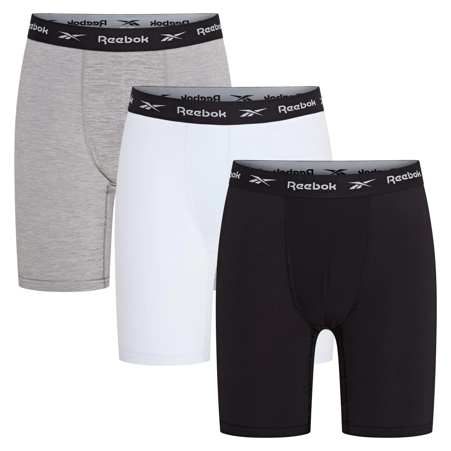 Reebok Men’s Sports Trunks, Breathable Medium Length Pants with Branded Stretch Waistband – Pack of 3 in Black,White,Grey Marl