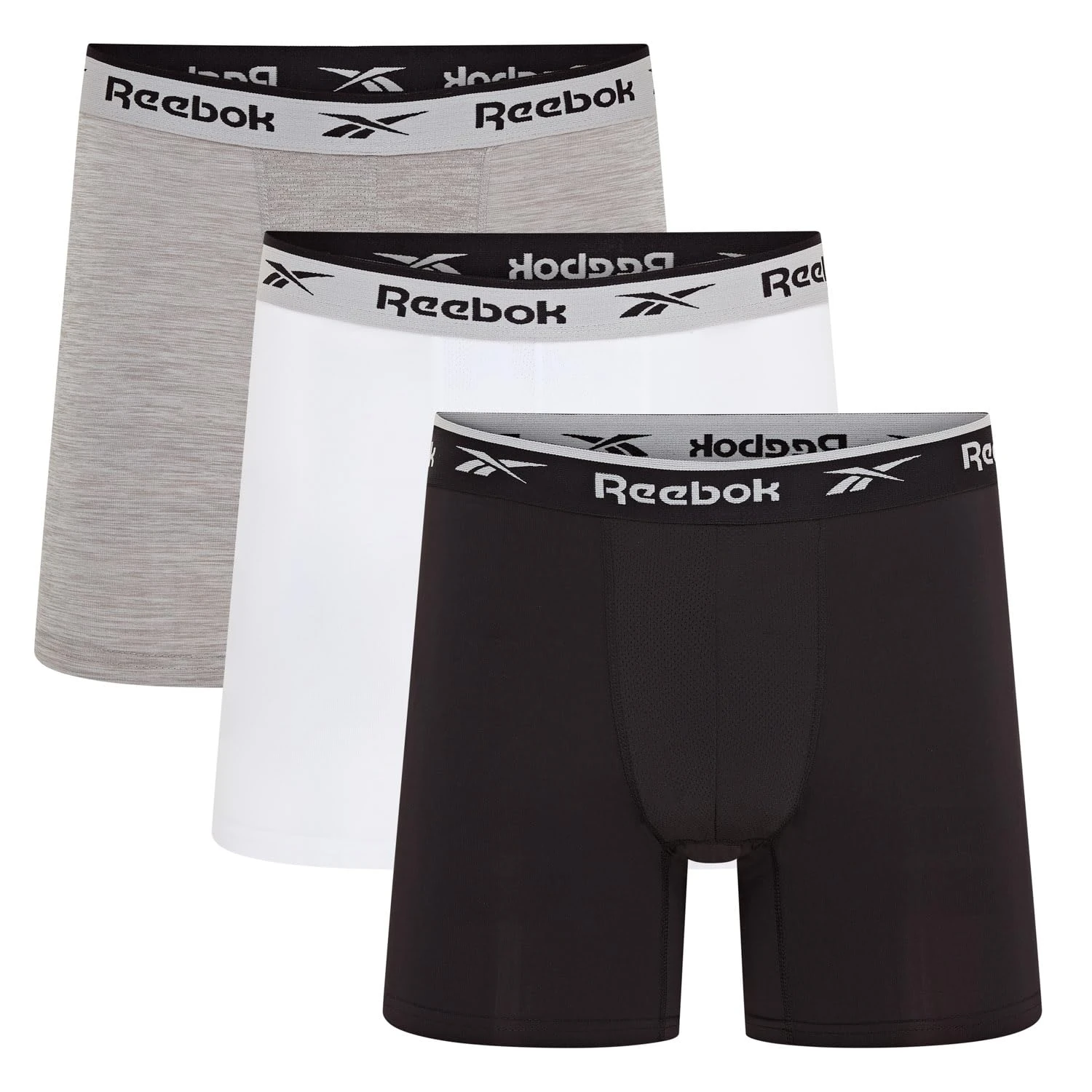 Reebok Ainslie Boxers for Men | Pack of 3 Mens Sports Trunks, Breathable & Stretchable Underwear for Men | Multipack Boxer Shorts, Black/White/Grey Marl, L