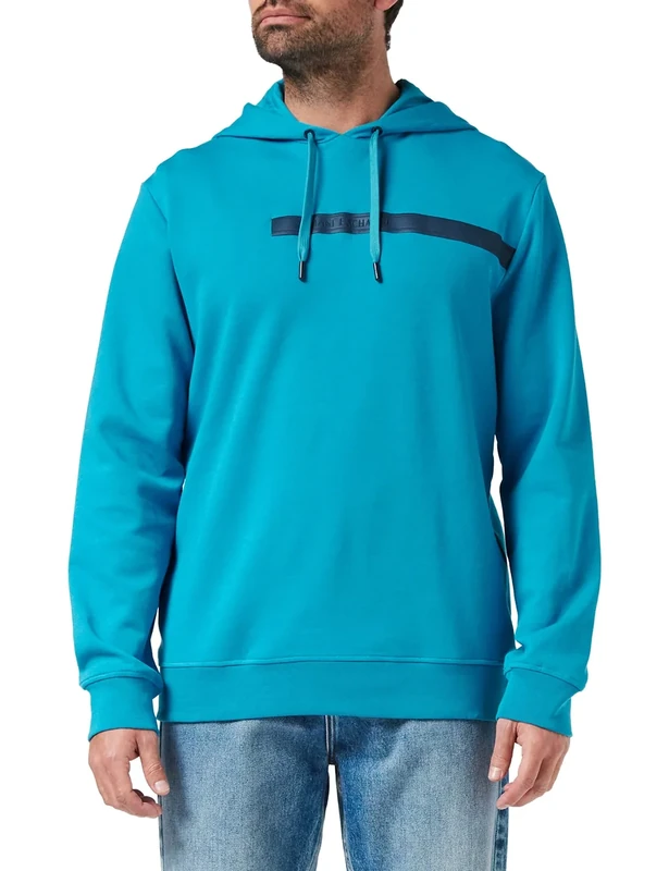 Armani Exchange Men's Hoodie Extendend Logo Back/Front Hooded Sweatshirt, Light Blue, XS