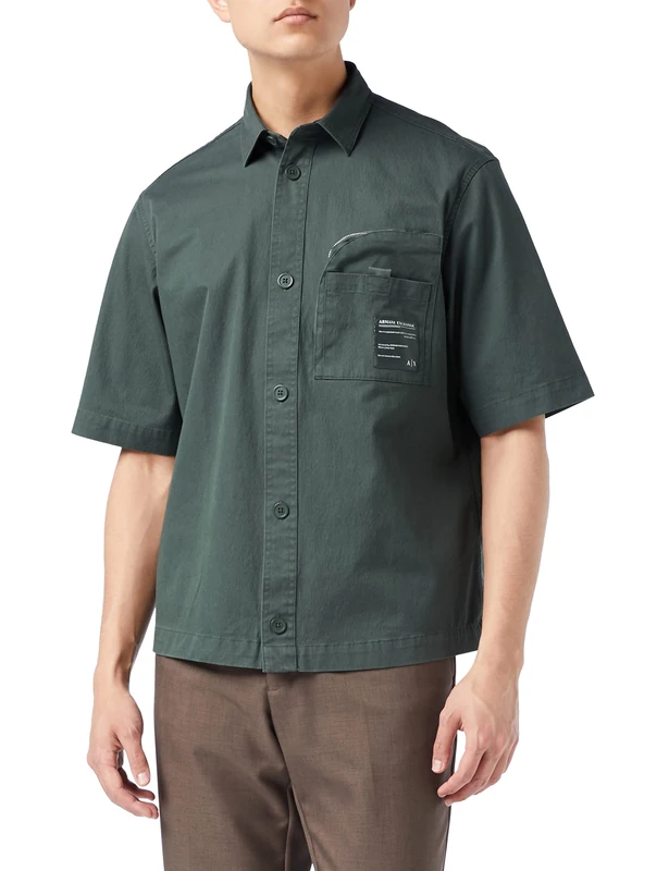 Armani Exchange Men's Loose Fit, Zipper Pocket on Front, Short Sleeves Shirt, Grey, XS