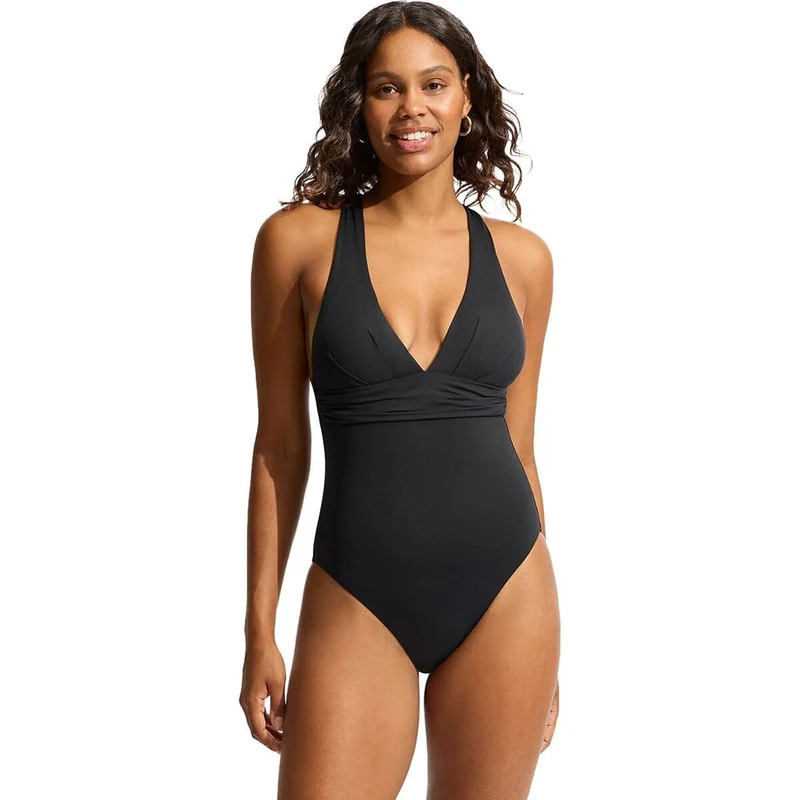 Seafolly Women's Deep V Wide Strap One Piece Swimsuit, Eco Collective Black, 6