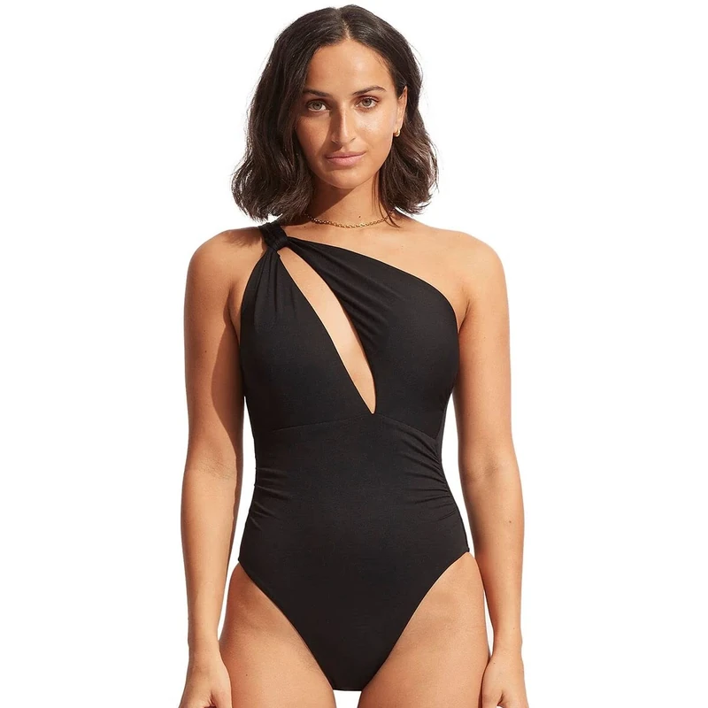 Seafolly Women's Shoulder Cut Out One Piece Swimsuit, Eco Collective Black, 8