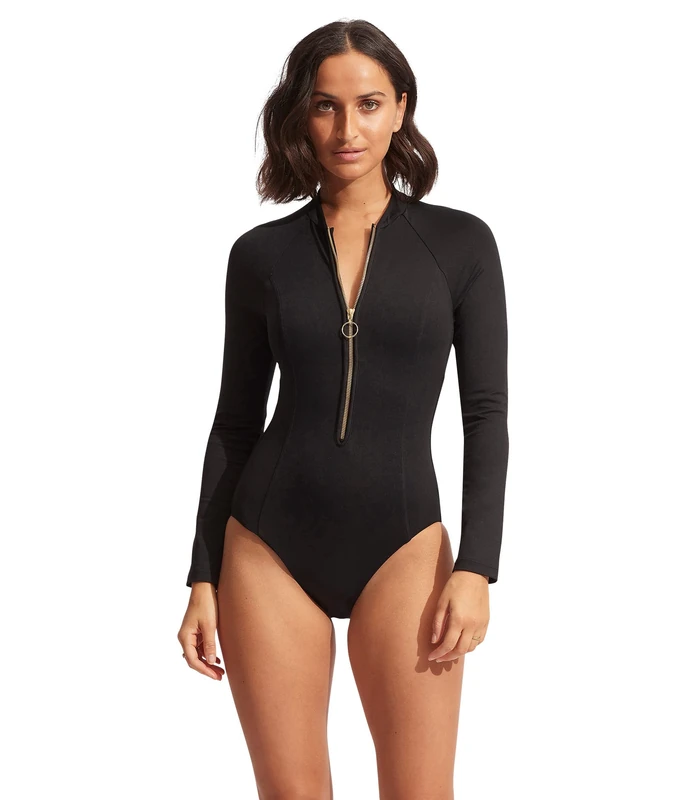 Seafolly Women's Long Sleeve One Piece Surfsuit with Zip Front Swimsuit, Eco Collective Black, 4 - Image 1