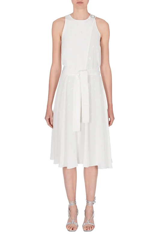 Armani Exchange Women's All Over Jaquard Logo, Waist Belt Dress, White, 12