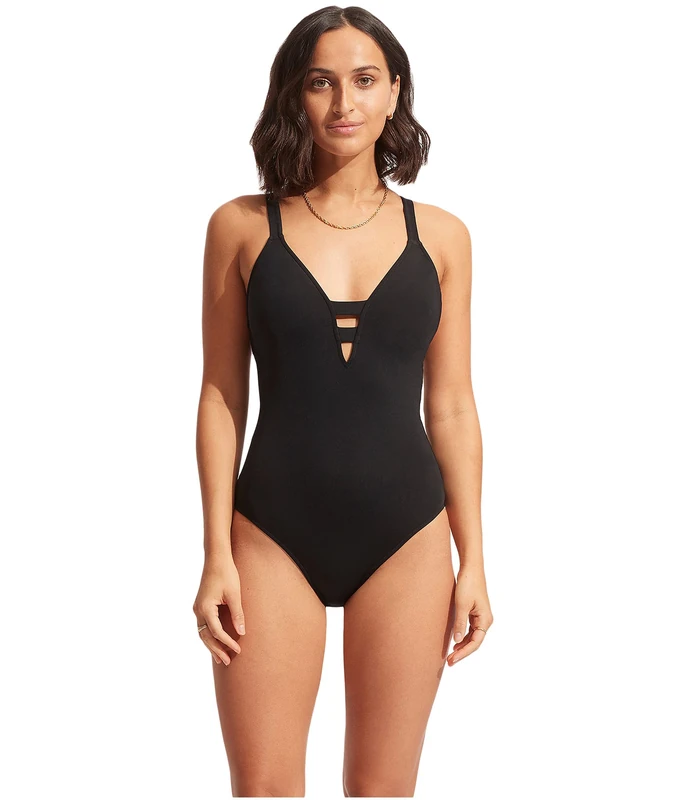 Seafolly Women's Active Deep V Plunge Maillot One Piece Swimsuit, Eco Collective Black, 6