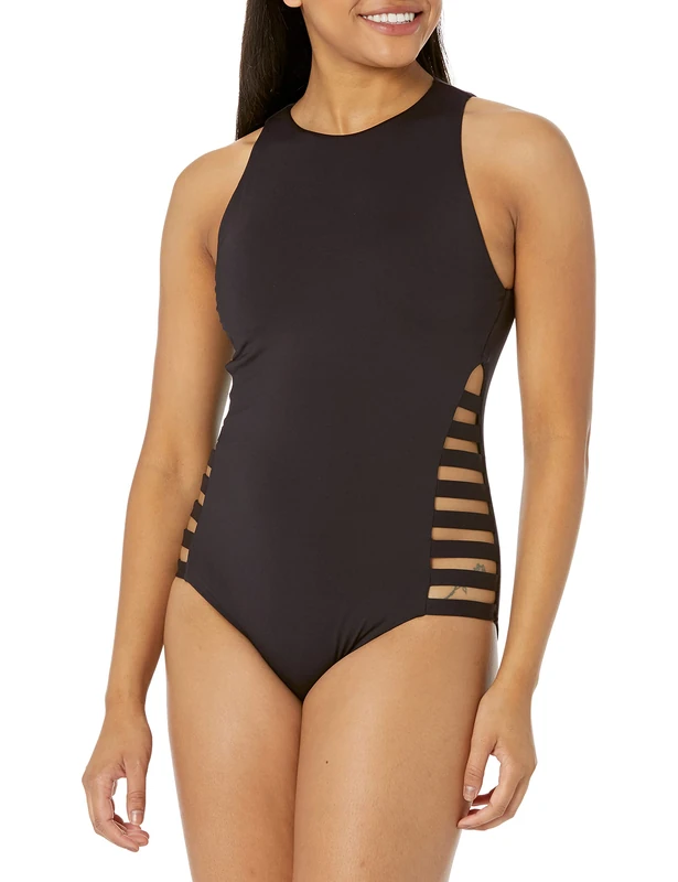Seafolly Women's High Neck One Piece Swimsuit with Multi Strap Sides, Eco Collective Black, 6