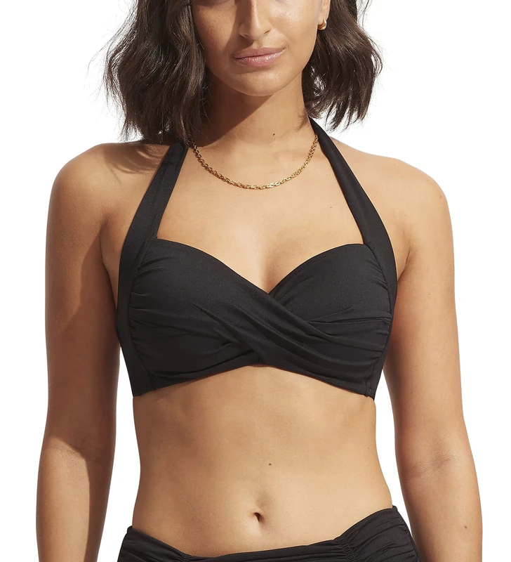 Seafolly Women's Twist Front Soft Cup Halter Bikini Top Swimsuit Separates, Eco Collective Black, 8