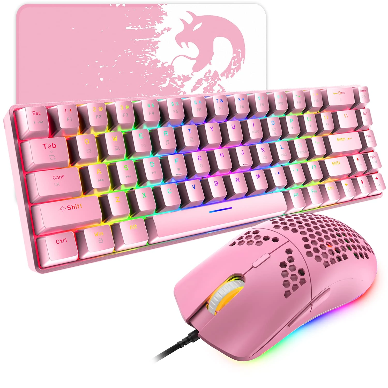 60% Mechanical Mini 68 Key RGB Backlit Wired USB C Gaming Keyboard + Lightweight Rainbow Backlight 6400 DPI Honeycomb Mouse + Mouse Pad Compatible With PS4,PS5,Xbox,PC,Laptop,MAC - Pink/Blue Switch