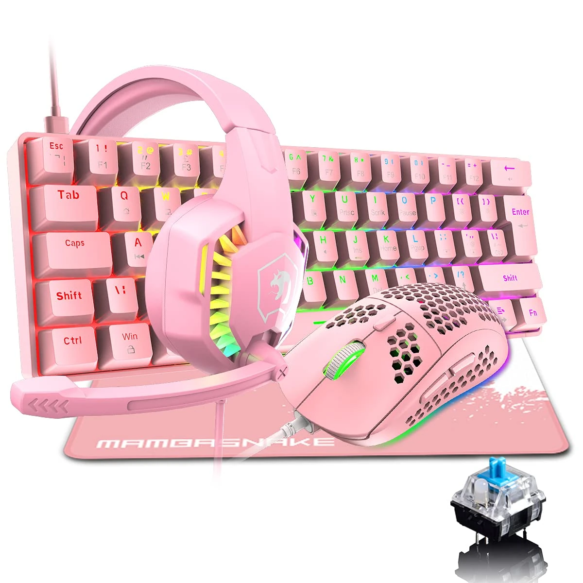 UK Layout 60% Mechanical Gaming Keyboard Mouse Headset Set, 62 Keys RGB Backlit Blue switch Keyboard, 6400DPI Game Mouse with Honeycomb Shell,3.5mm Gamer Stereo Headset, for PC Mac PS4 PS5 (Pink)