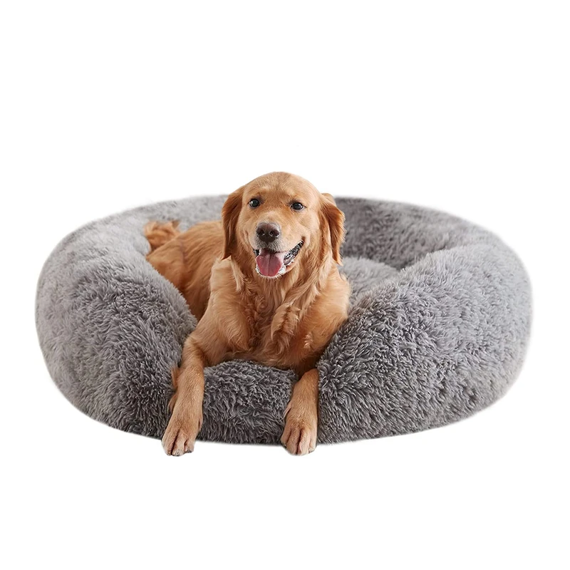 URGVANZ PET Large Dog Calming Donut Bed, Plush Round Fluffy Bed for Dogs Up to 80Lbs, 34" Diameter