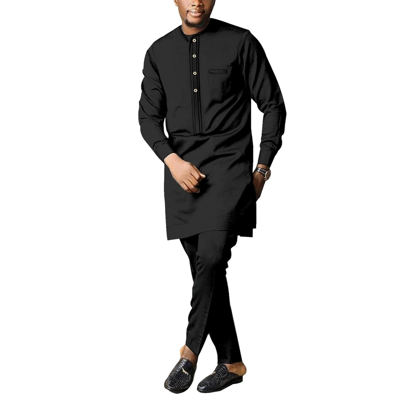 SEA&ALP African Men's Formal Clothes Dashiki Shirt and Trousers Pant Two Piece Suit Traditional Long Sleeve Outfits, Black, S