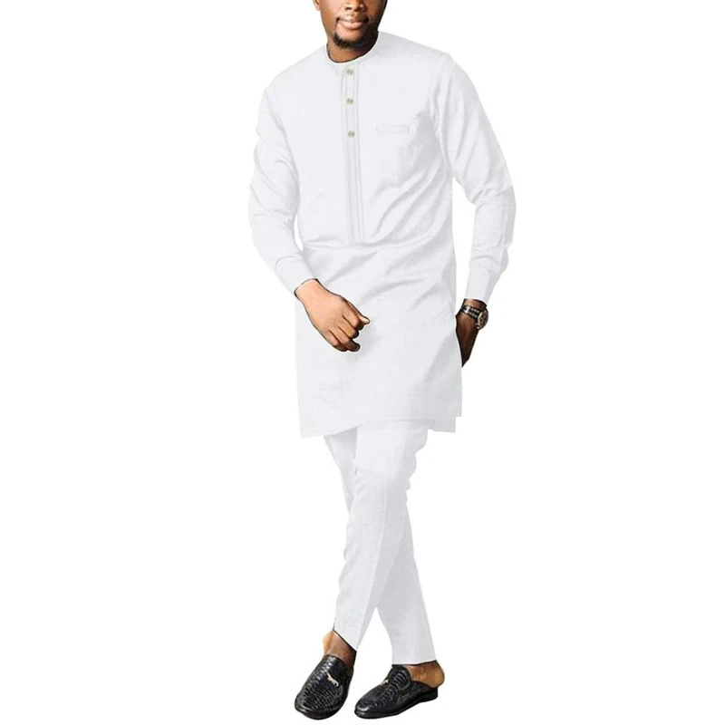 African Men's Formal Clothes Dashiki Shirt and Pant Two Piece Suit Traditional Long Sleeve Outfits, White, Large