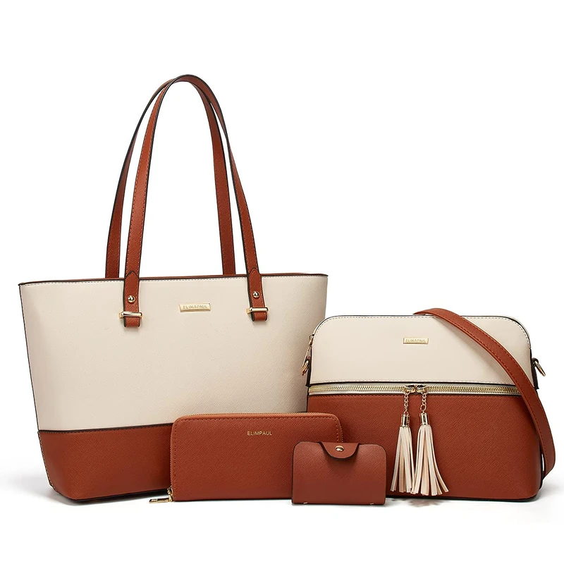 Lovematch Women Fashion Synthetic Leather Handbags Tote Bag Shoulder Bag Top Handle Satchel Purse Set 4pcs, Beige+brown, L