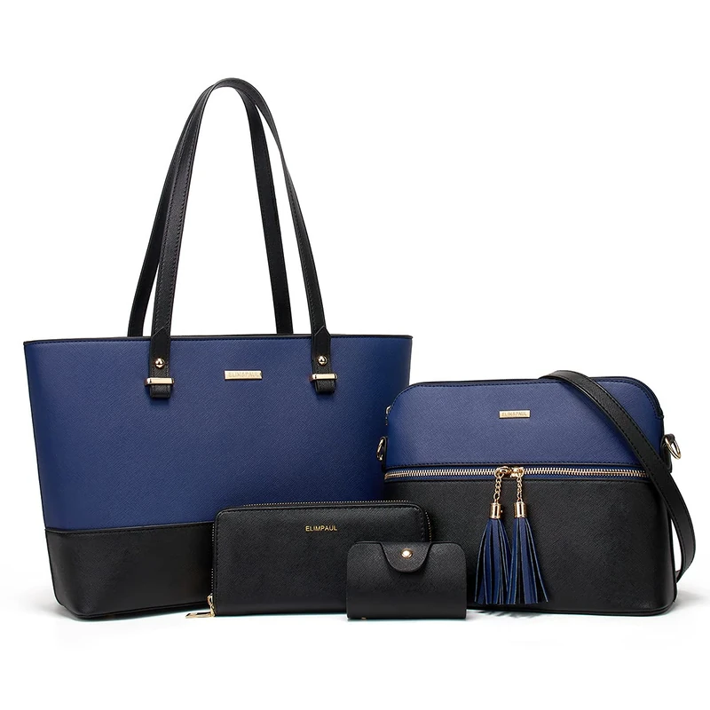 Lovematch Women Fashion Synthetic Leather Handbags Tote Bag Shoulder Bag Top Handle Satchel Purse Set 4pcs, Blue+black, L