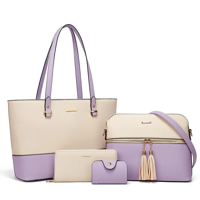 Lovematch Women Fashion Synthetic Leather Handbags Tote Bag Shoulder Bag Top Handle Satchel Purse Set 4pcs, Beige+purple, L