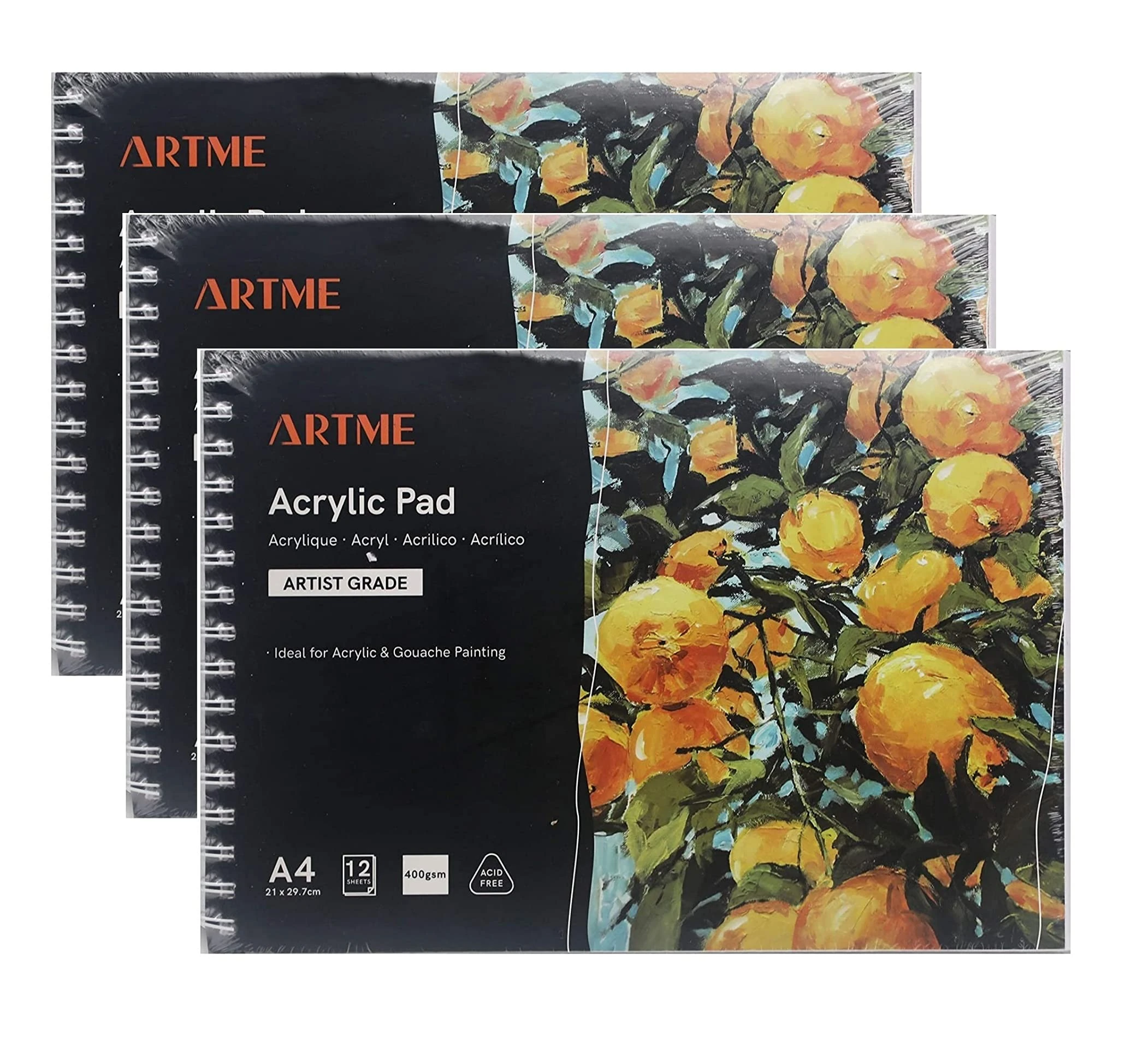 ARTME A4 Acrylic Pad (3pack) Landscape x 12 Sheets/ 400gsm Extra Heavyweight/Cold Pressed/Acid Free, Premium Quality Paper Drawing for Acrylic and Gouache