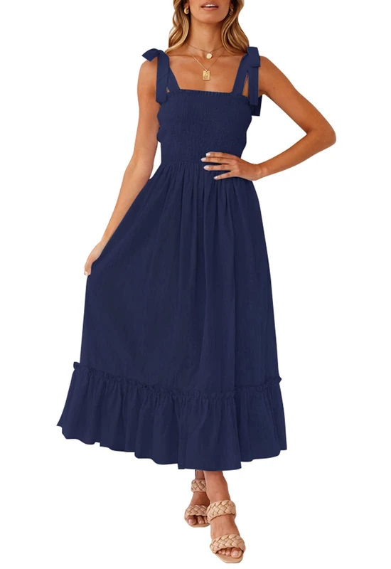 ZESICA Women's 2024 Summer Boho Spaghetti Strap Square Neck Solid Color Ruffle A Line Beach Long Maxi Dress, Navy, Large