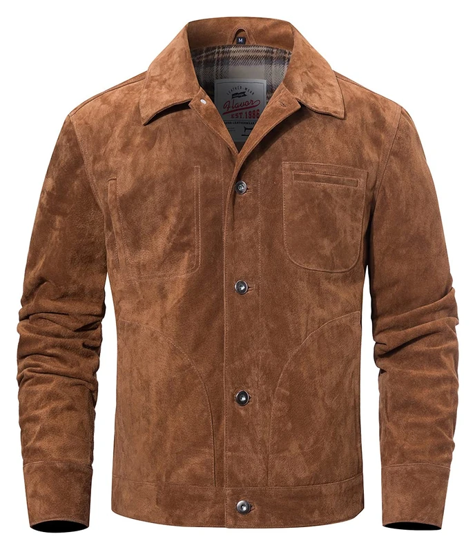 FLAVOR Men's Suede Leather Jacket Trucker Coat, Brown, L