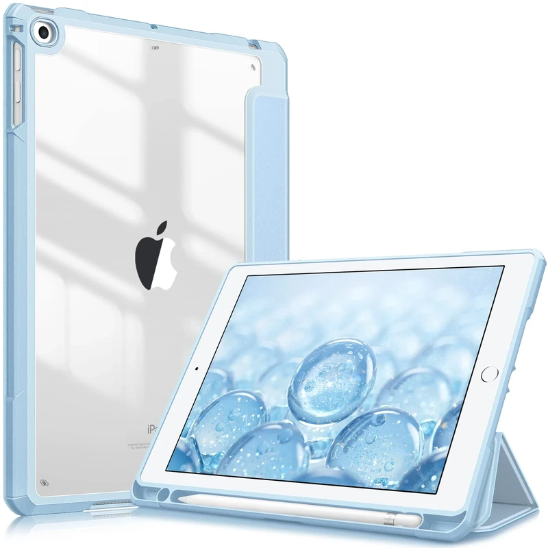 FINTIE Hybrid Case for iPad 6th/5th Gen (2018-2017) and iPad Air 2/Air 1 (2014-2013) - 9.7 Inch Shockproof Hard Shell Clear Cover with Pencil Holder, Sky Blue