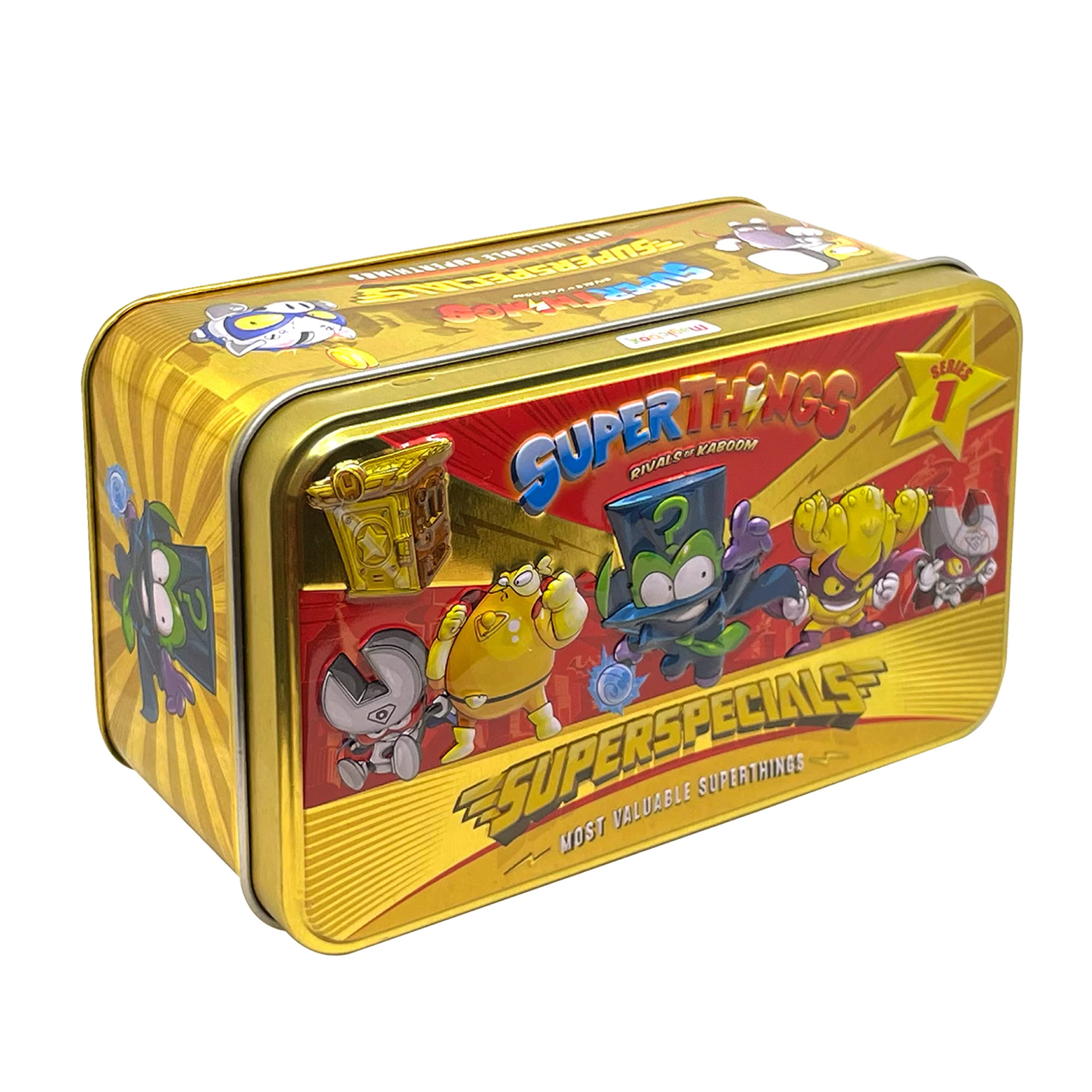SUPERTHINGS Series 1 Gold Tin – It contains all the special figures from Series 1, including the ultra-rare (Enigma), the 2 gold leaders, the 6 silver captains and the 2 gold hideouts