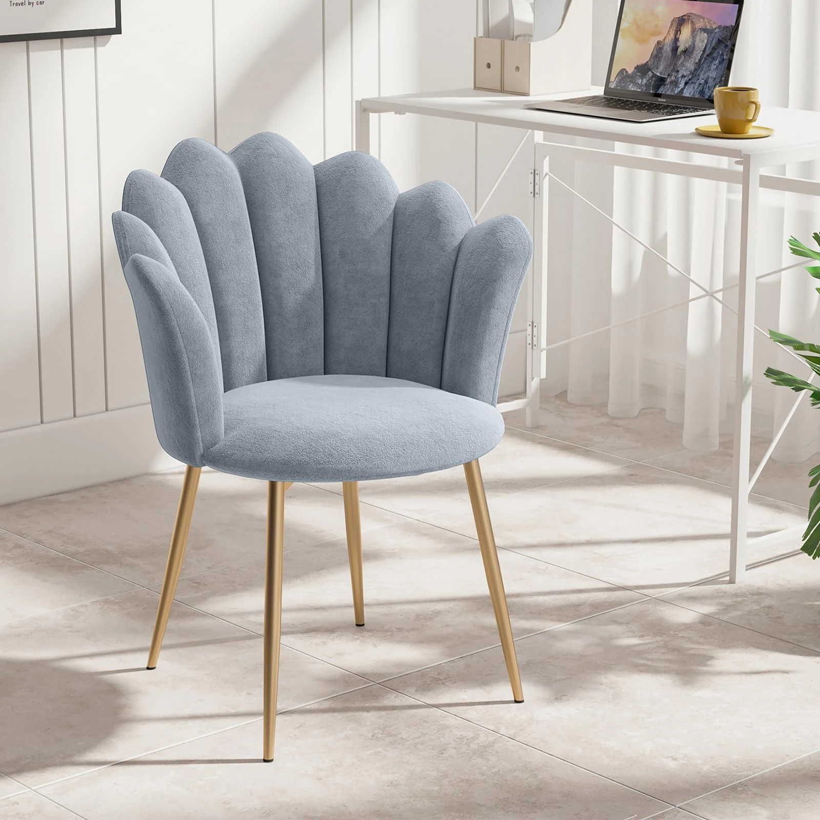 Modern Armchair Tub Chair, Velvet Vanity Dressing Table Chair with Curved High Back and Gold Plating Metal Legs for Bedroom, Living Room, Reading Nook, Grey