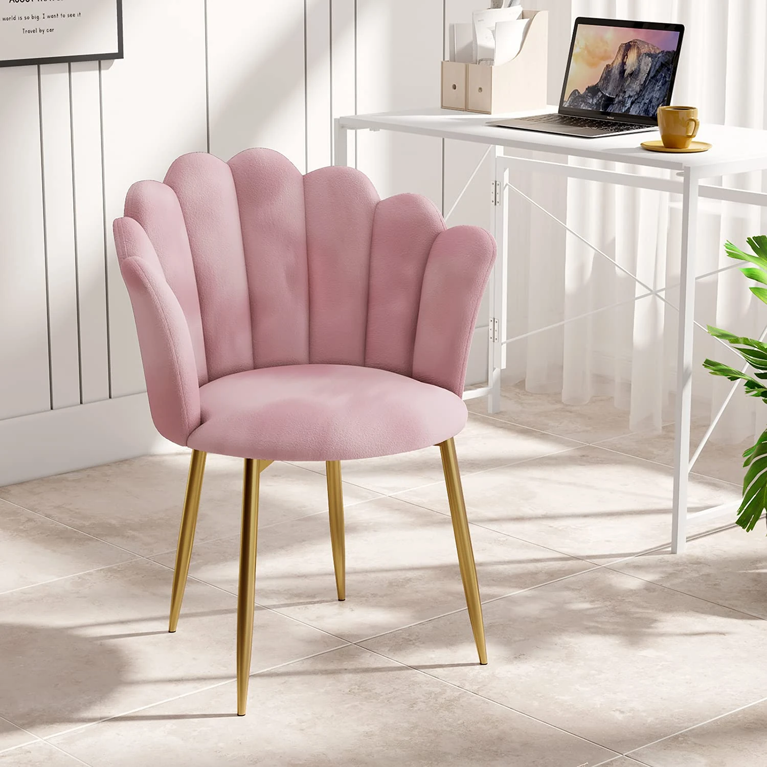 Modern Armchair Tub Chair, Velvet Vanity Dressing Table Chair with Curved High Back and Gold Plating Metal Legs for Bedroom, Living Room, Reading Nook, Pink