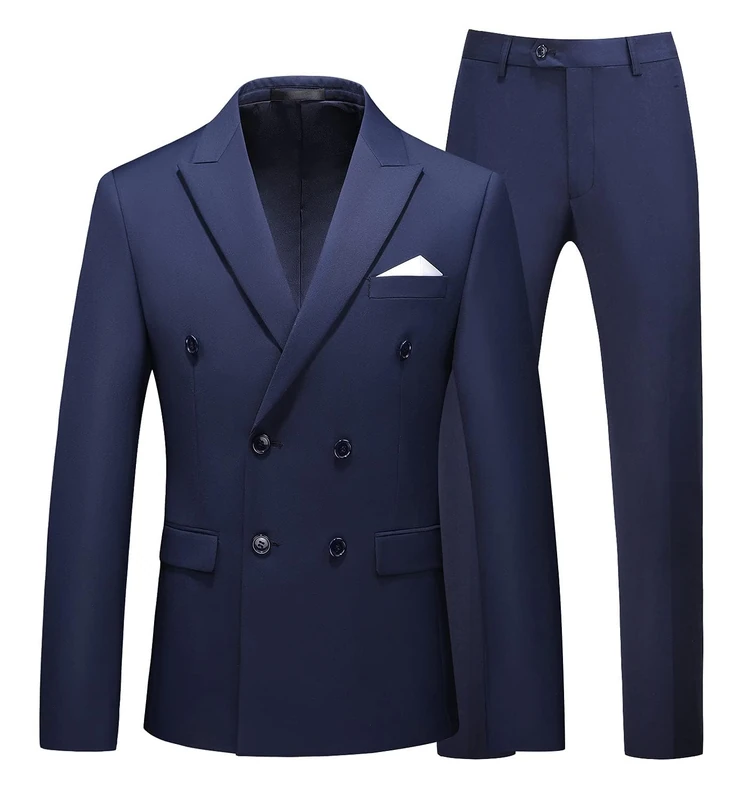 MOGU Mens 2 Piece Suit Slim Fit Double Breasted Blazer and Pants Solid Color Prom Tuxedo, Navy, 38