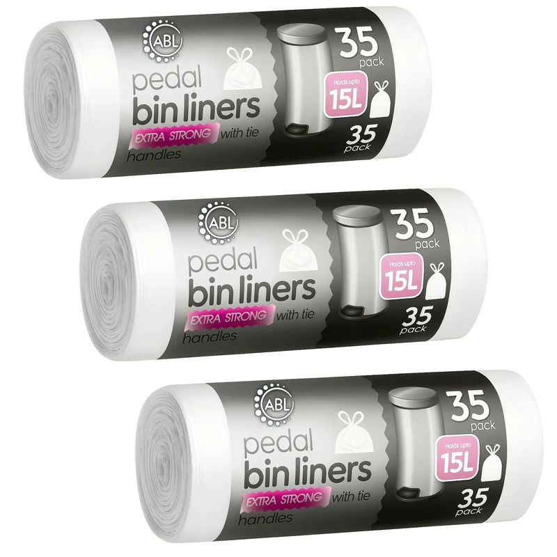 Extra Strong Pedal Bin Liners 15L Plastic Bags | Bin Liners with Tie Handles Pack of 105 count 3 x 35 pack | Plastic Bin Bags 64x92 cm