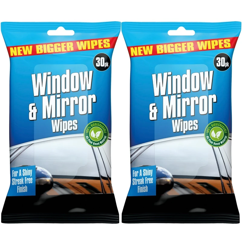 Premium Glass Wipes Car, Mirror, Window Car Glass Cleaner Wipes | Shiny Streak Free Cleans And Shines 2 x 30 Pack | Used on the Inside and Outside of the Car Window