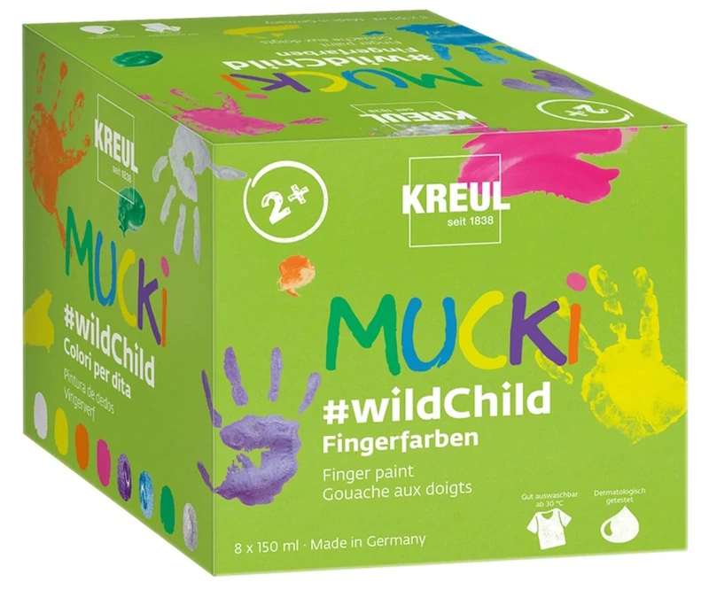 Kreul 2305 - Mucki Finger Paint Set Wild Child, Water-Based, for Children from 2 Years, 8 x 150 ml Colour in White, Yellow, Orange, Pink, Magic Purple, Diamond Blue, Green, Dragon Silver - Image 1