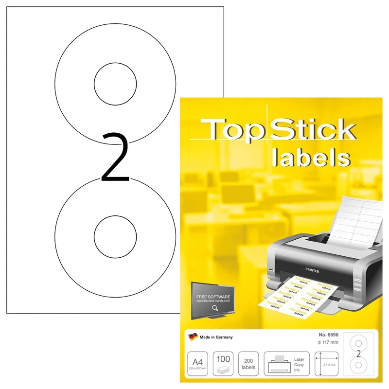TopStick 8696 CD Labels - 2000 White Round Stickers (117mm)