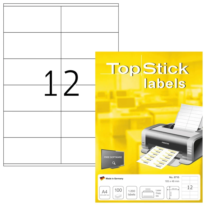 TopStick 8715 Multi-Purpose Labels, 12 Labels Per A4 Sheet, 105 x 48 mm, 12000 Labels, Self Adhesive, Stickers for Laser and Inkjet Printers, White