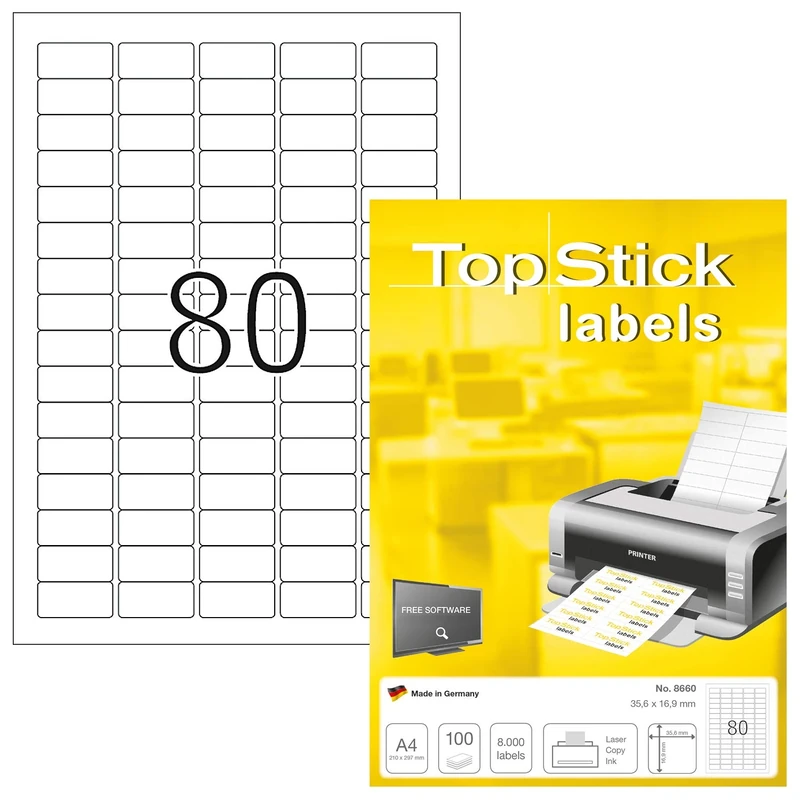 TopStick 8660 Multi-Purpose Labels, 80 Labels Per A4 Sheet, 35.6 x 16.9 mm, 80000 Labels, Self Adhesive, Mini Stickers for Laser and Inkjet Printers, White