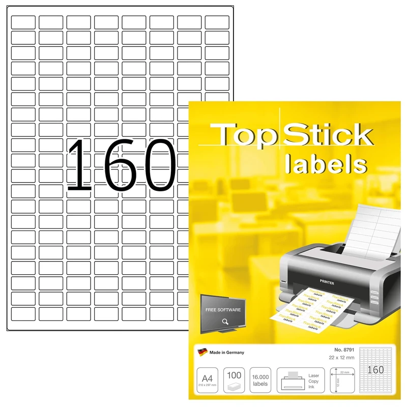 TopStick 8791 Multi-Purpose Labels, 160 Labels Per A4 Sheet, 22 x 12 mm, 160000 Labels, Self Adhesive, Mini Stickers for Laser and Inkjet Printers, White