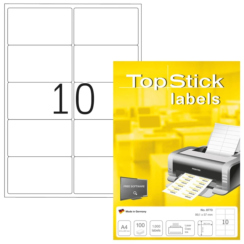 TopStick 8773 Address Mailing Labels, 10 Labels Per A4 Sheet, 99.1 x 57 mm, 10000 Labels, Self Adhesive, Stickers for Laser and Inkjet Printers, White