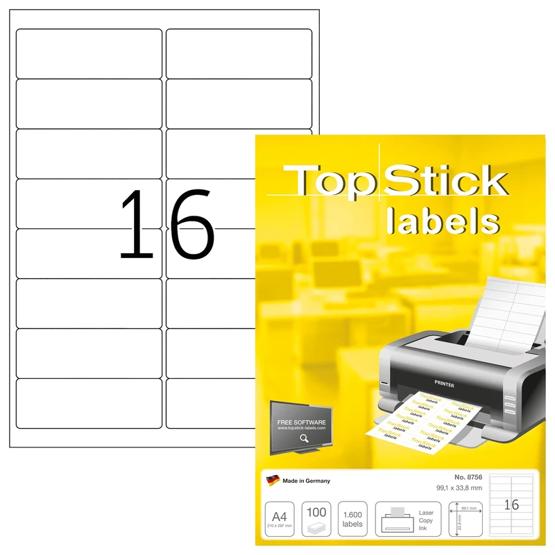 TopStick 8756 Address Mailing Labels, 16 Labels Per A4 Sheet, 99.1 x 33.9 mm, 16000 Labels, Self Adhesive, Stickers for Laser and Inkjet Printers, White