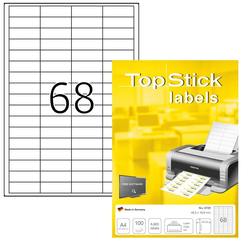 TopStick 8729 Multi-Purpose Labels, 68 Labels Per A4 Sheet, 48.5 x 16.9 mm, 68000 Labels, Self Adhesive, Mini Stickers for Laser and Inkjet Printers, White