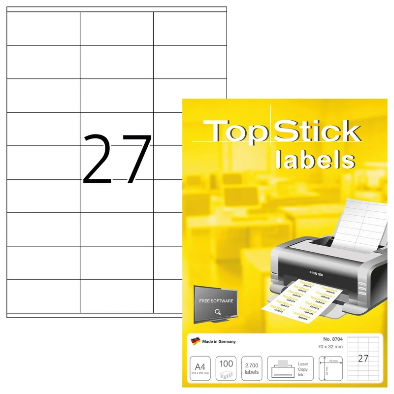 TopStick 8704 Multi-Purpose Labels, 27 Labels Per A4 Sheet, 70 x 32 mm, 27000 Labels, Self Adhesive, Small Stickers for Laser and Inkjet Printers, White