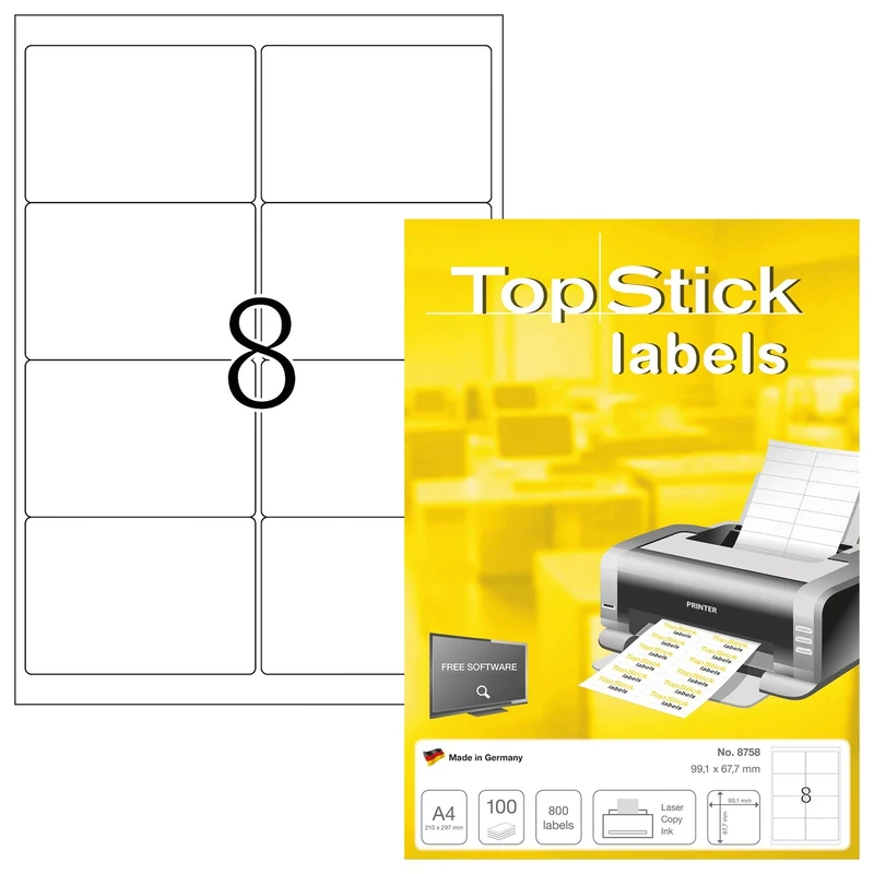 TopStick 8758 Address Mailing Labels, 8 Labels Per A4 Sheet, 99.1 x 67.7 mm, 8000 Labels, Self Adhesive, Stickers for Laser and Inkjet Printers, White