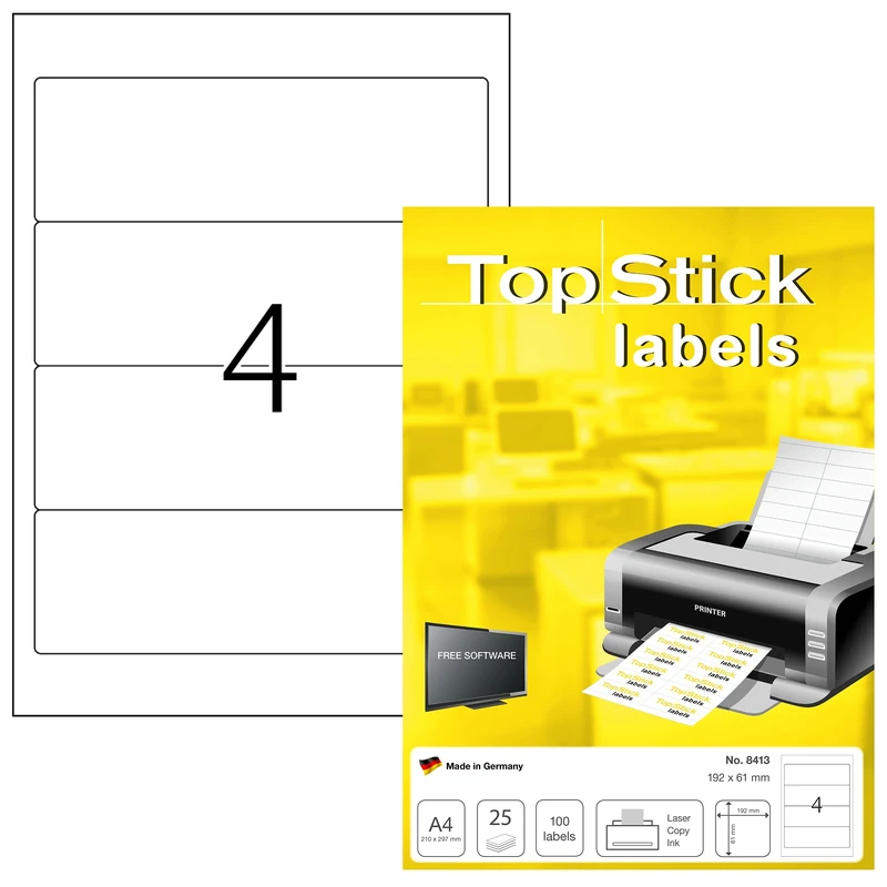 TopStick 8413 Lever Arch File Labels, 4 Labels Per A4 Sheet, 192 x 61 mm, 3200 Labels, Self Adhesive, Stickers for Laser and Inkjet Printers, White