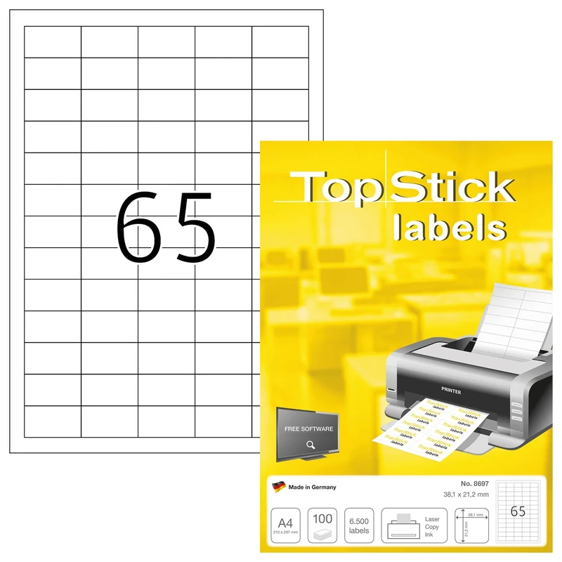 TopStick 8697 Multi-Purpose Labels, 65 Labels Per A4 Sheet, 38.1 x 21.2 mm, 65000 Labels, Self Adhesive, Small Stickers for Laser and Inkjet Printers, White