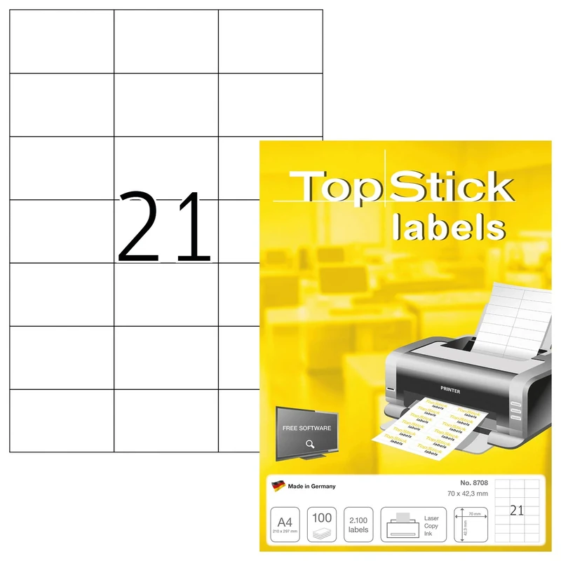 TopStick 8708 Address Mailing Labels, 21 Labels Per A4 Sheet, 70 x 42.3 mm, 21000 Labels, Self Adhesive, Stickers for Laser and Inkjet Printers, White