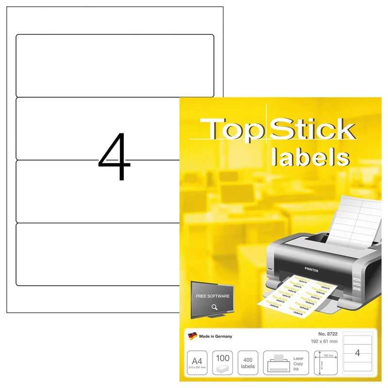 TopStick 8722 Lever Arch File Labels, 4 Labels Per A4 Sheet, 192 x 61 mm, 4000 Labels, Self Adhesive, Stickers for Laser and Inkjet Printers, White
